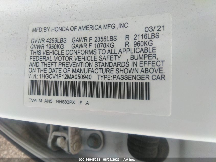 2021 HONDA ACCORD SEDAN LX - 1HGCV1F12MA050940