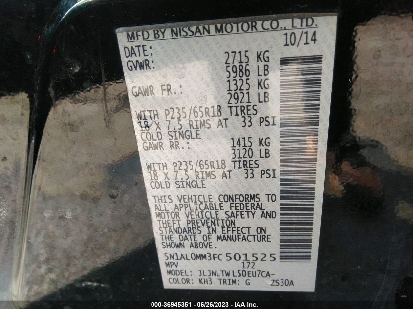 2015 INFINITI QX60 - 5N1AL0MM3FC501525