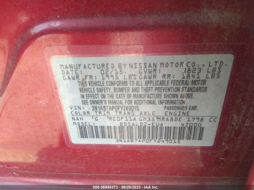 2015 NISSAN SENTRA SR/SL/S/SV/FE+ S - 3N1AB7AP0FY249015