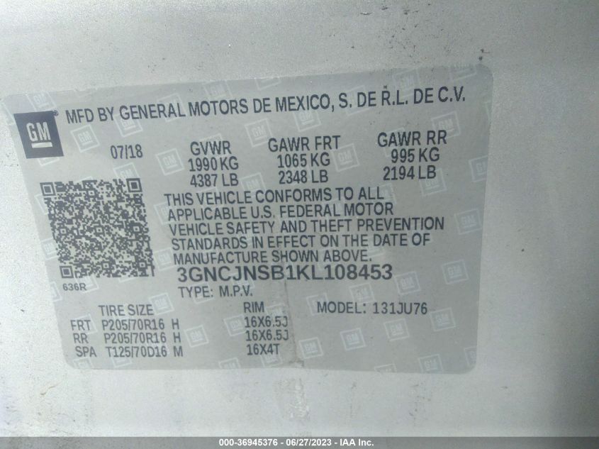 2019 CHEVROLET TRAX LS - 3GNCJNSB1KL108453