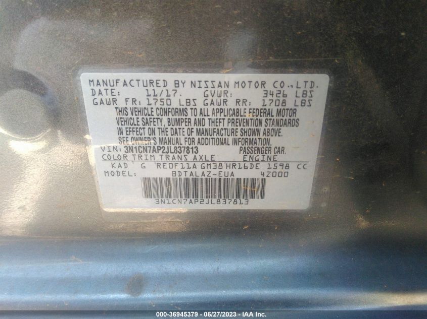 2018 NISSAN VERSA SEDAN S PLUS - 3N1CN7AP2JL837813