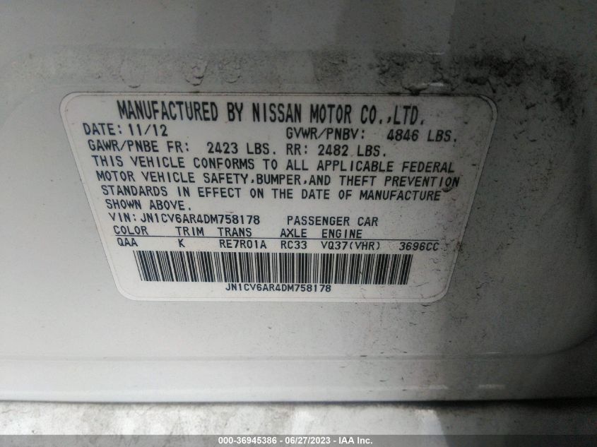 2013 INFINITI G37 SEDAN X - JN1CV6AR4DM758178