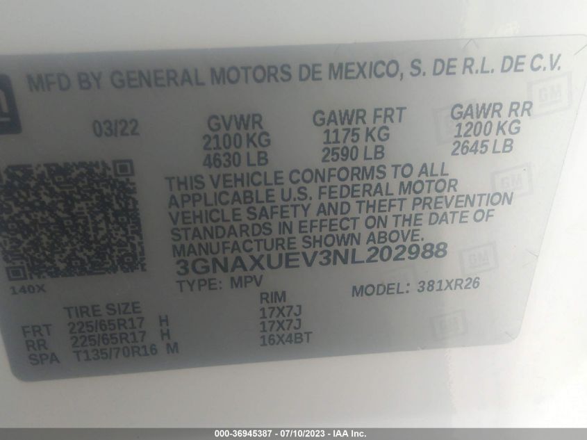 2022 CHEVROLET EQUINOX LT - 3GNAXUEV3NL202988