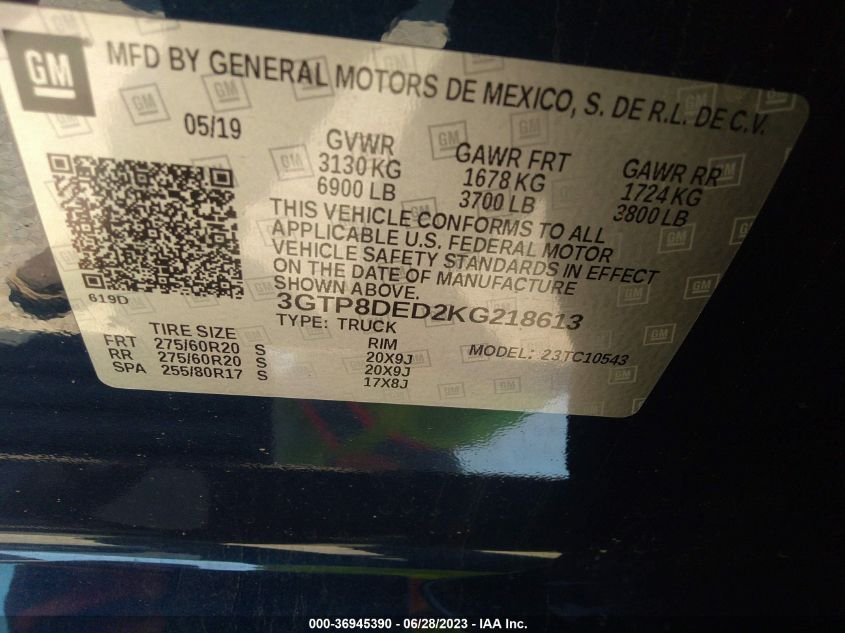 2019 GMC SIERRA 1500 SLT - 3GTP8DED2KG218613
