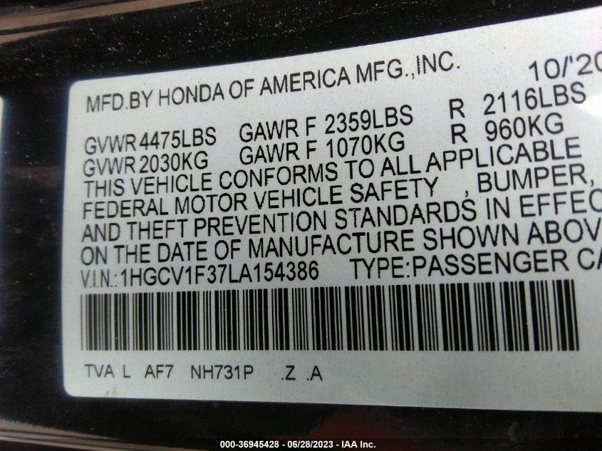 2020 HONDA ACCORD SEDAN SPORT - 1HGCV1F37LA154386
