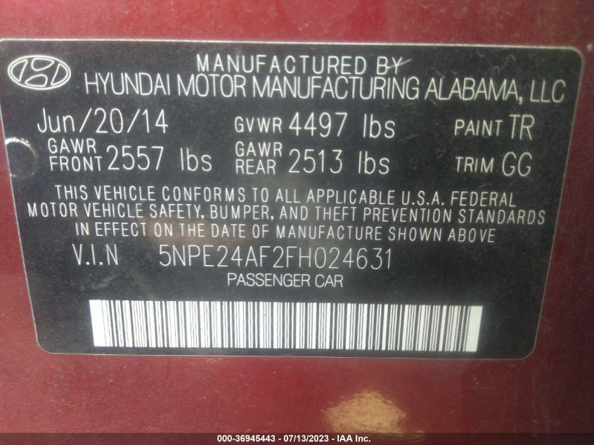 2015 HYUNDAI SONATA 2.4L SE - 5NPE24AF2FH024631