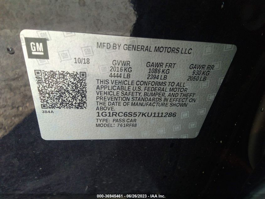 2019 CHEVROLET VOLT LT - 1G1RC6S57KU111286