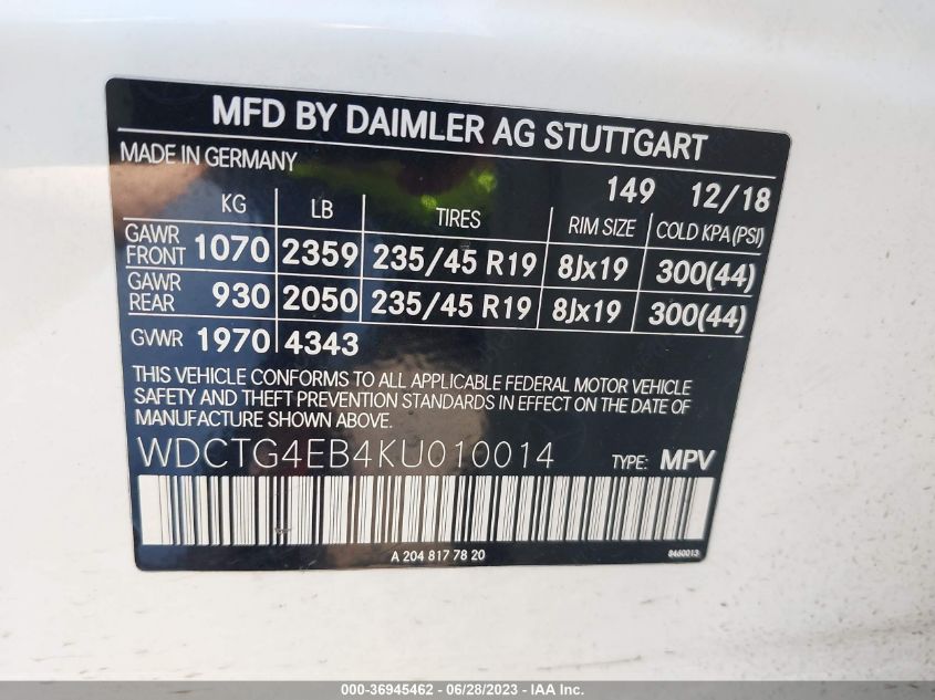 2019 MERCEDES-BENZ GLA GLA 250 - WDCTG4EB4KU010014