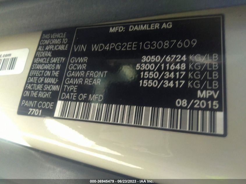 2016 MERCEDES-BENZ METRIS PASSENGER VAN WD4PG2EE1G3087609