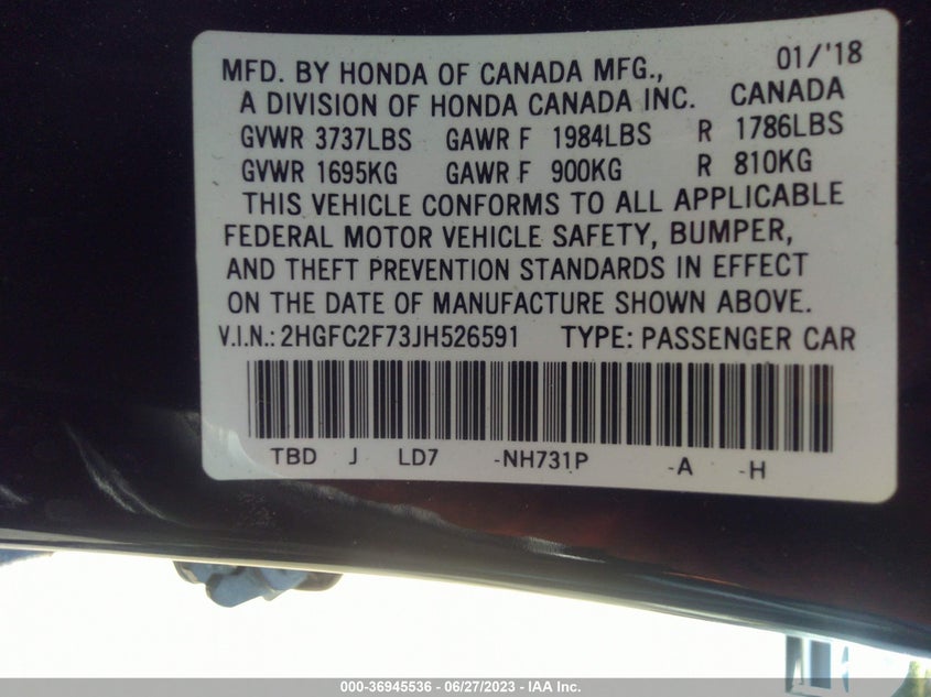 VIN 2HGFC2F73JH526591 2018 HONDA CIVIC SEDAN EX