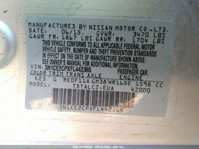 2015 NISSAN VERSA NOTE S/S PLUS/SV/SL/SR - 3N1CE2CPXFL442365