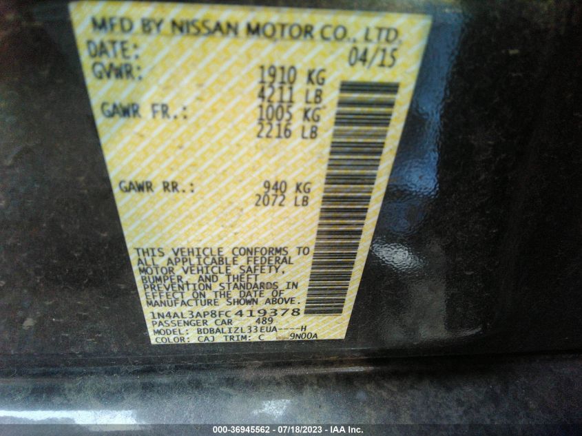 2015 NISSAN ALTIMA 2.5 SV - 1N4AL3AP8FC419378