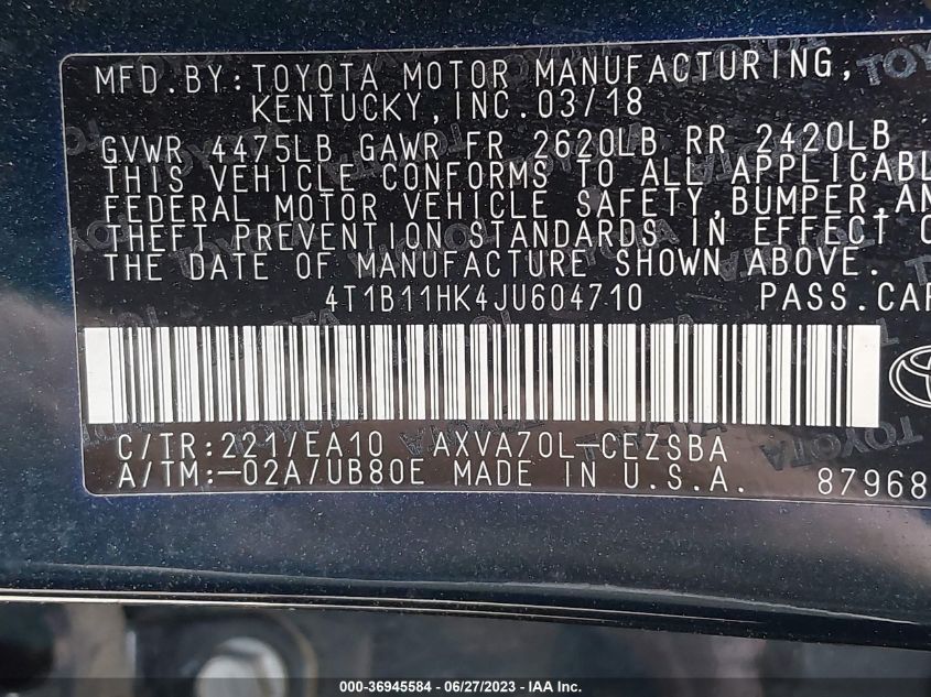 2018 TOYOTA CAMRY L/LE/XLE/SE/XSE - 4T1B11HK4JU604710
