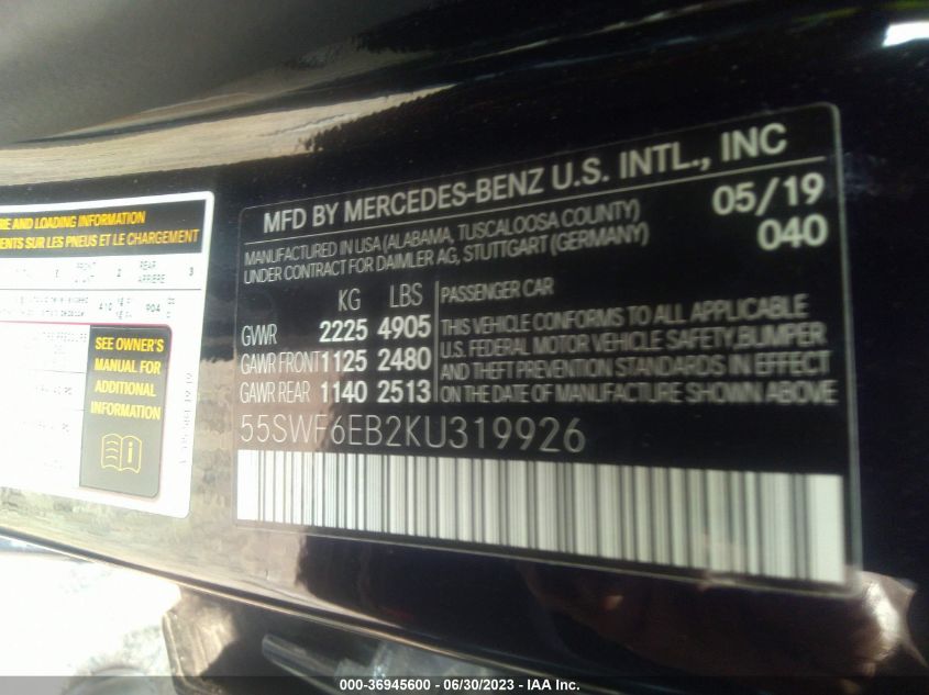 2019 MERCEDES-BENZ C-CLASS AMG C 43 - 55SWF6EB2KU319926