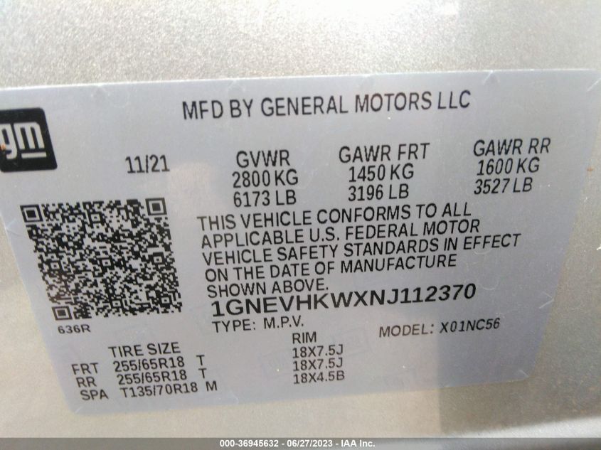 2022 CHEVROLET TRAVERSE LT LEATHER - 1GNEVHKWXNJ112370