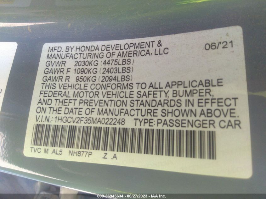 2021 HONDA ACCORD SEDAN SPORT - 1HGCV2F35MA022248
