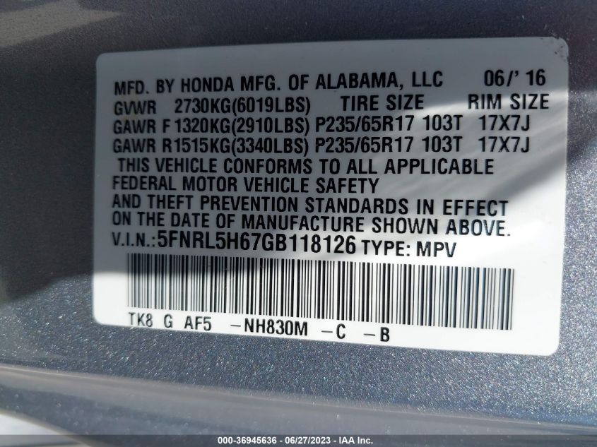 2016 HONDA ODYSSEY EX-L - 5FNRL5H67GB118126