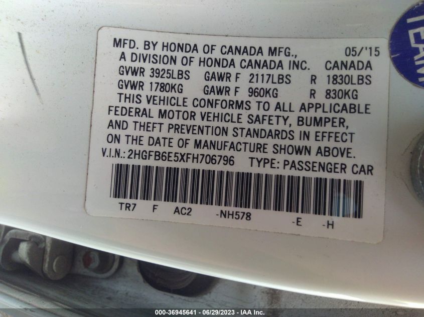 2015 HONDA CIVIC SEDAN SI - 2HGFB6E5XFH706796