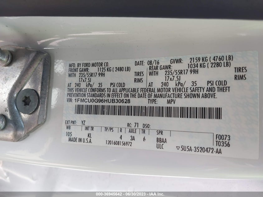 VIN 1FMCU0G96HUB30628 2017 FORD ESCAPE SE