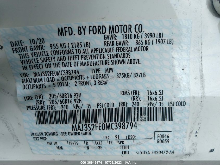 2021 FORD ECOSPORT S - MAJ3S2FE0MC398794