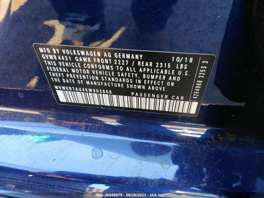 2019 VOLKSWAGEN E-GOLF SE - WVWKR7AU4KW902868