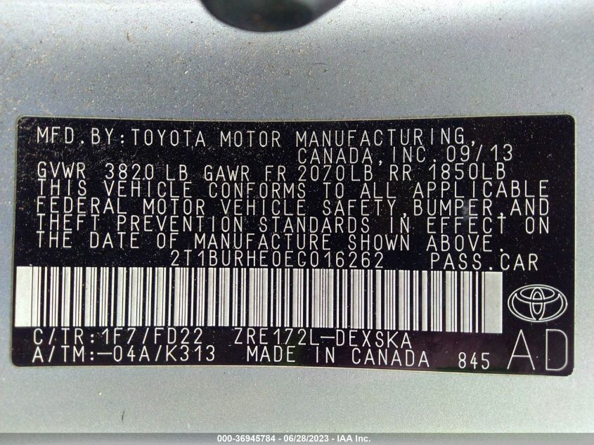 2014 TOYOTA COROLLA L/LE/LE PLS/PRM/S/S PLS - 2T1BURHE0EC016262