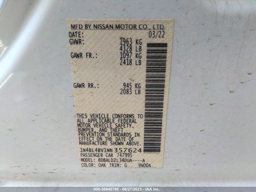 2022 NISSAN ALTIMA S - 1N4BL4BV1NN357624