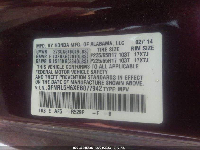 2014 HONDA ODYSSEY EX-L - 5FNRL5H6XEB077942