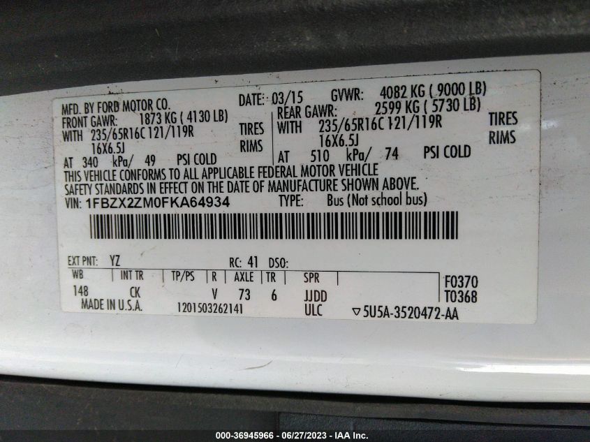 2015 FORD TRANSIT WAGON XL/XLT 1FBZX2ZM0FKA64934