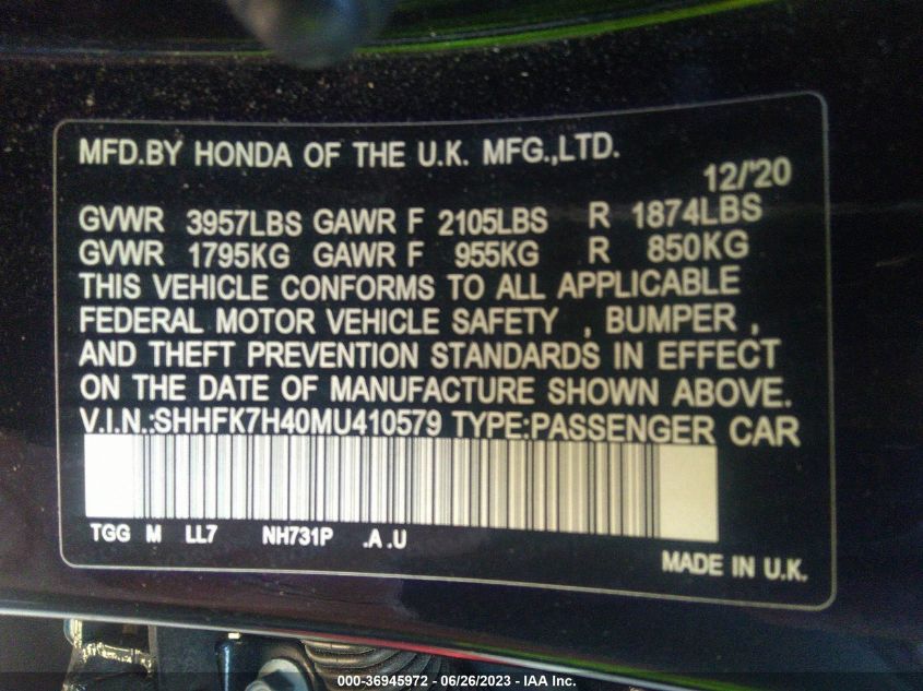 2021 HONDA CIVIC HATCHBACK SPORT - SHHFK7H40MU410579