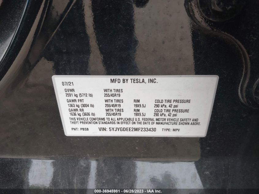 2021 TESLA MODEL Y LONG RANGE - 5YJYGDEE2MF233430
