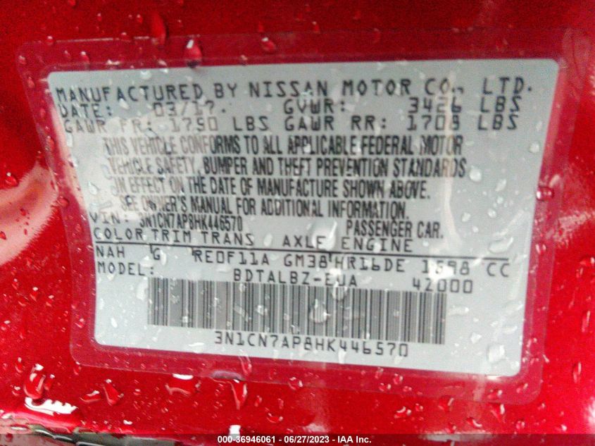 2017 NISSAN VERSA SEDAN SV - 3N1CN7AP8HK446570