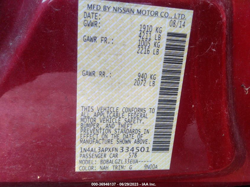 2015 NISSAN ALTIMA 2.5 - 1N4AL3APXFN334501