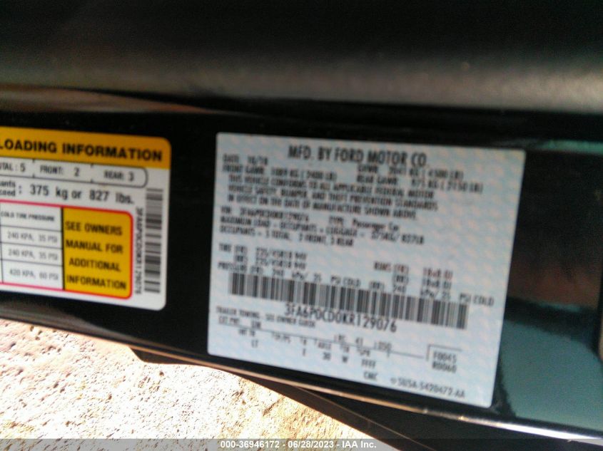 3FA6P0CD0KR129076 2019 FORD FUSION, photo no. 9