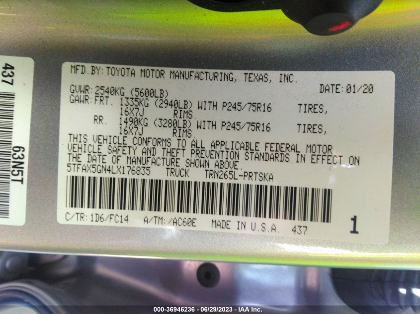 2020 TOYOTA TACOMA 2WD SR/SR5 - 5TFAX5GN4LX176835