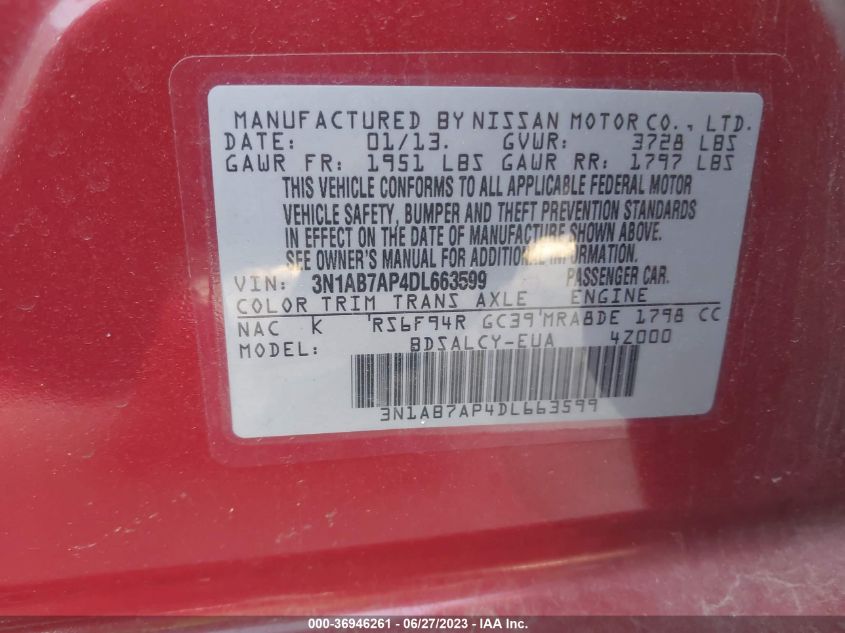 2013 NISSAN SENTRA S - 3N1AB7AP4DL663599