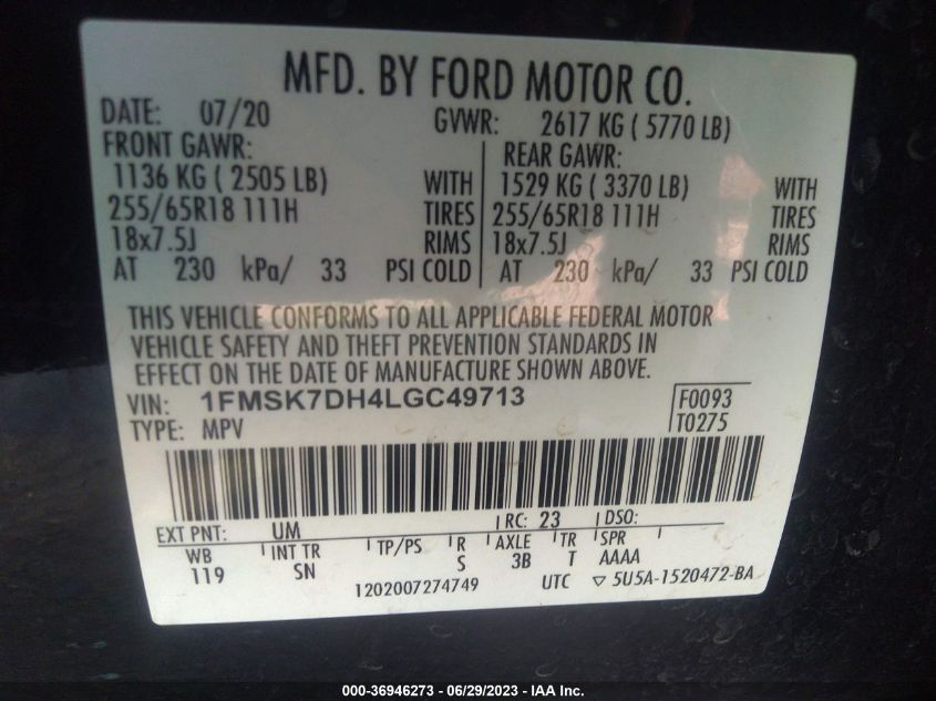 2020 FORD EXPLORER XLT - 1FMSK7DH4LGC49713