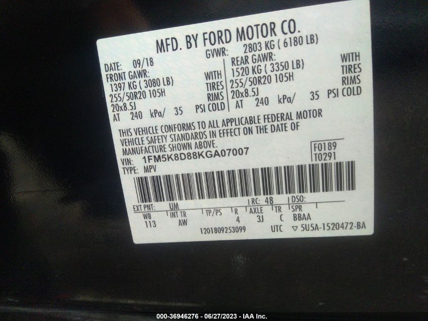 2019 FORD EXPLORER XLT - 1FM5K8D88KGA07007