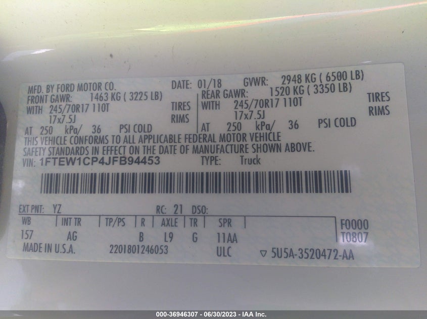 VIN 1FTEW1CP4JFB94453 2018 FORD F-150 XL/XLT/LARIAT