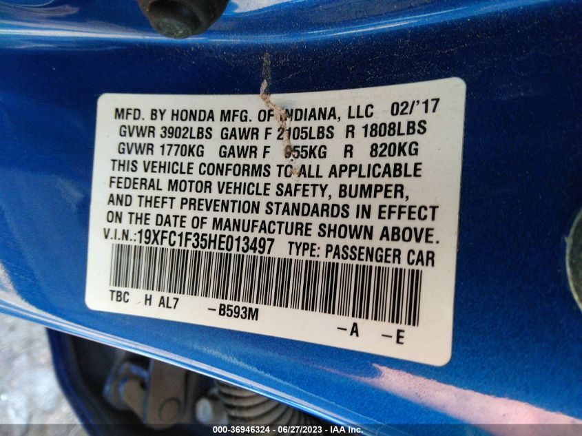 2017 HONDA CIVIC SEDAN EX-T - 19XFC1F35HE013497