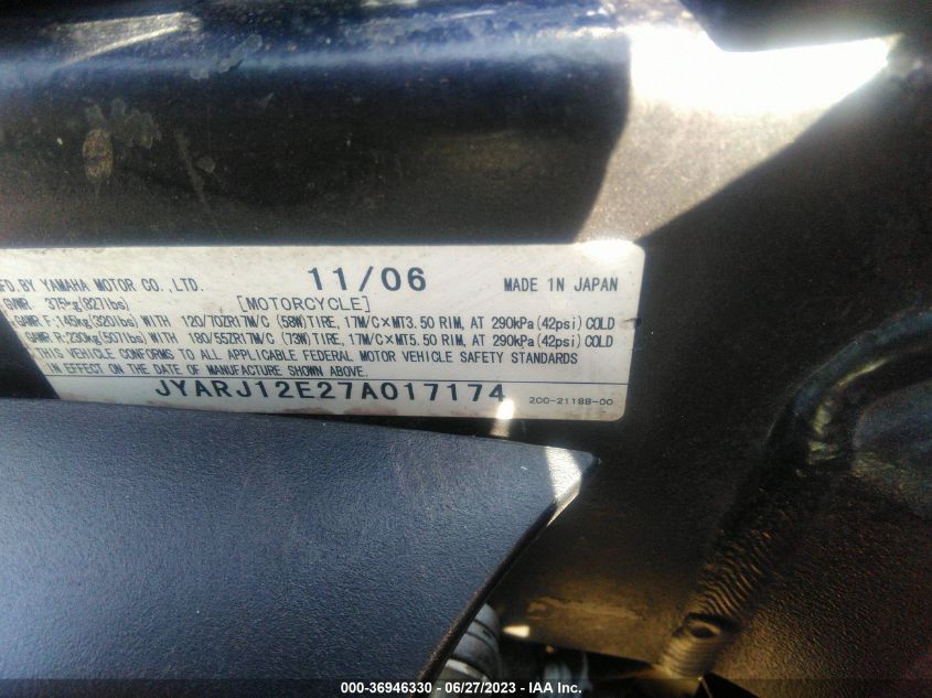 2007 YAMAHA YZFR6 L - JYARJ12E27A017174