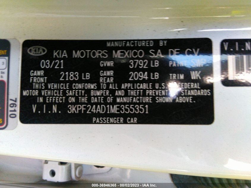 2021 KIA FORTE LXS - 3KPF24AD1ME355351