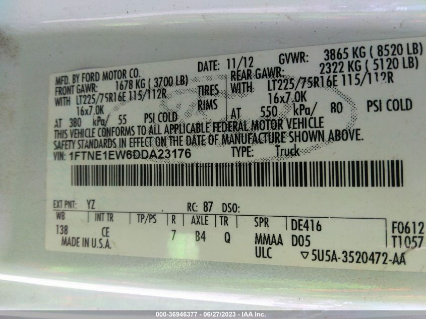 2013 FORD ECONOLINE CARGO VAN COMMERCIAL/RECREATIONAL 1FTNE1EW6DDA23176