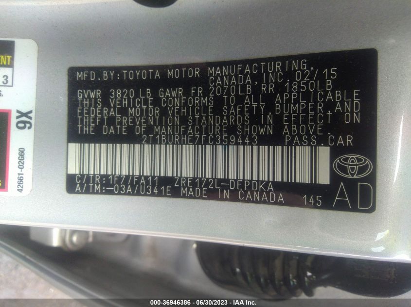 2015 TOYOTA COROLLA L/LE/S/S PLUS/LE PLUS - 2T1BURHE7FC359443