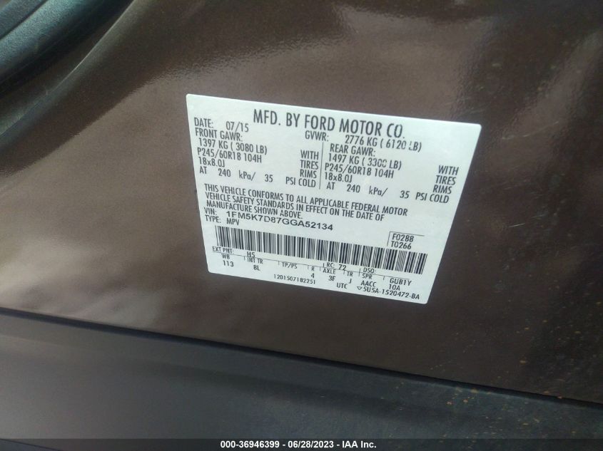 2016 FORD EXPLORER XLT - 1FM5K7D87GGA52134