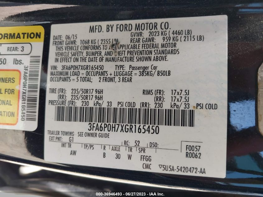 2016 FORD FUSION SE - 3FA6P0H7XGR165450