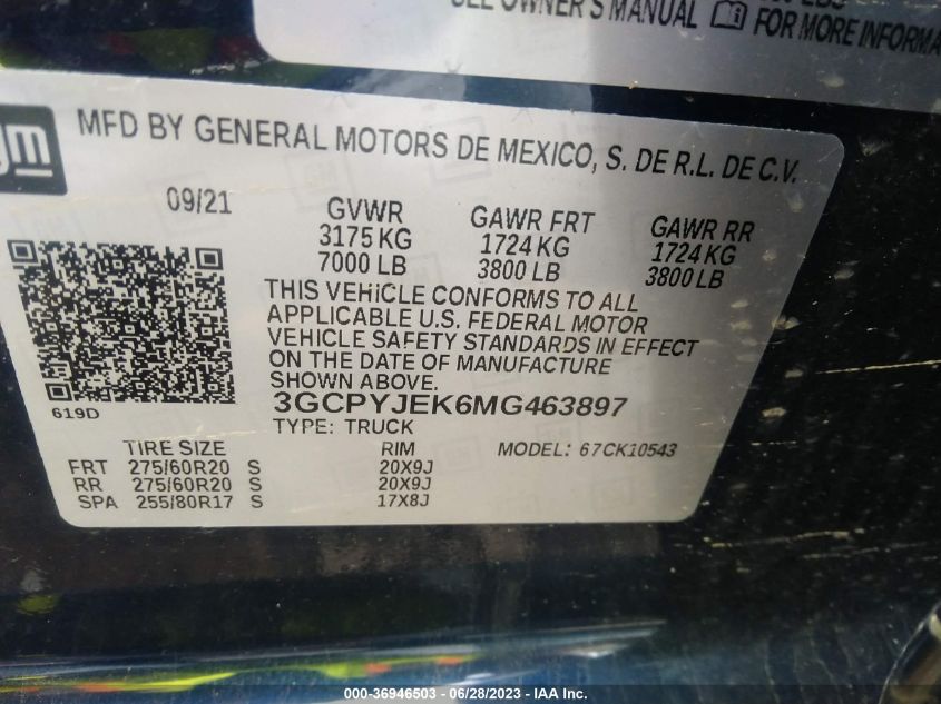 2021 CHEVROLET SILVERADO 1500 LT - 3GCPYJEK6MG463897