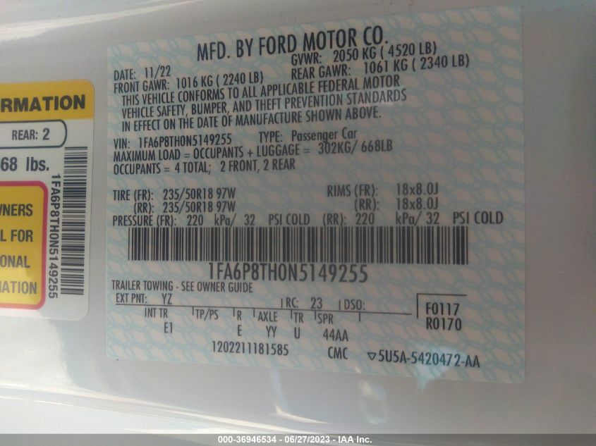 2022 FORD MUSTANG ECOBOOST - 1FA6P8TH0N5149255