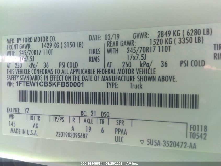 VIN 1FTEW1CB5KFB50001 2019 FORD F-150 XL/XLT