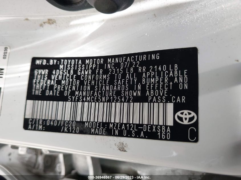 2022 TOYOTA COROLLA SE/SE NIGHTSHADE/APEX SE - 5YFS4MCE5NP125472